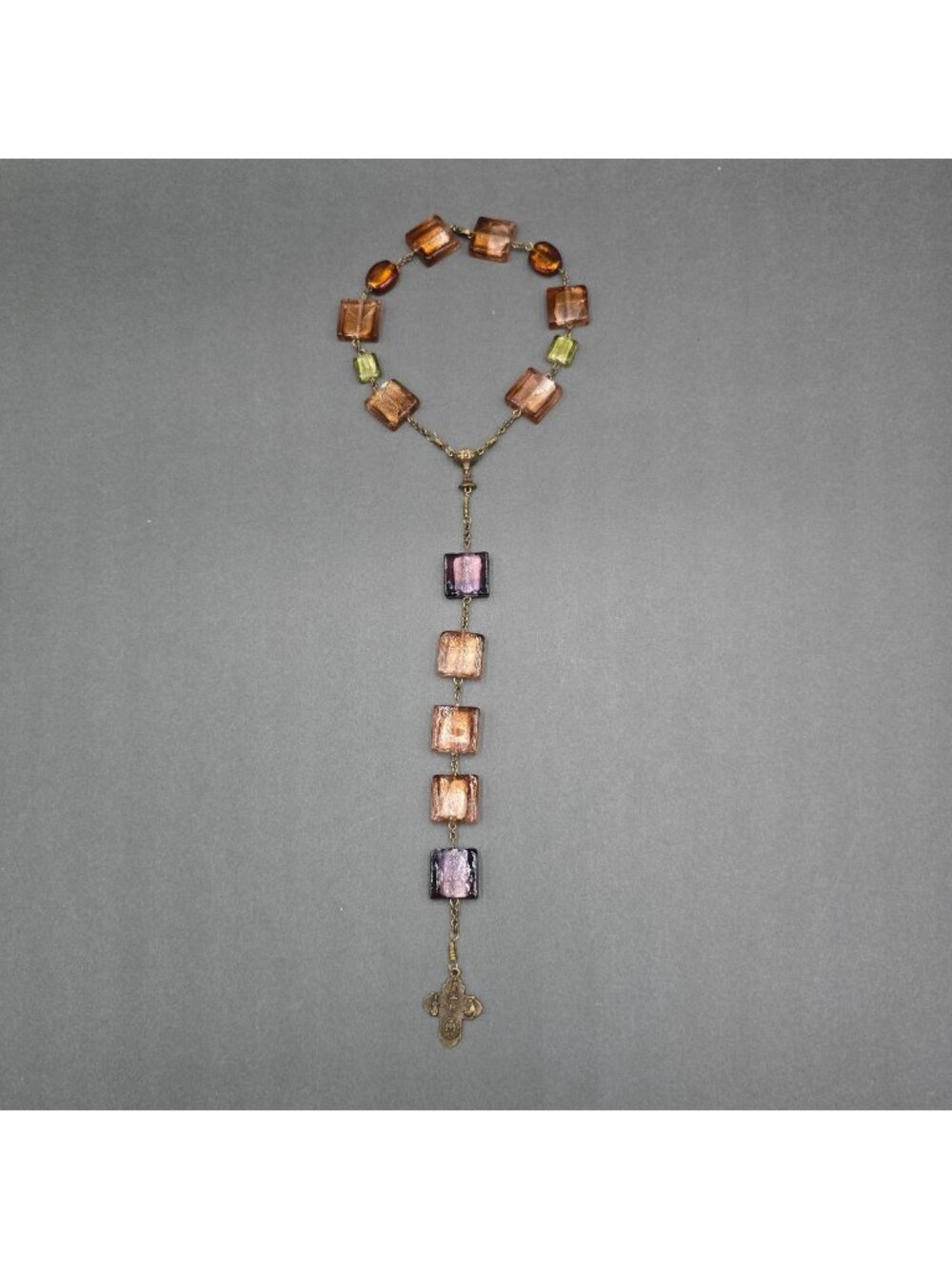 Gold Tone Foil Glass Communion Chaplet Chalice Rosary Loop Pendant Bracelet